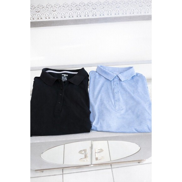 Tsla Tops - Bundle 2 Black and light Blue Women's  Short Cap Sleeve Polo Shirts Large